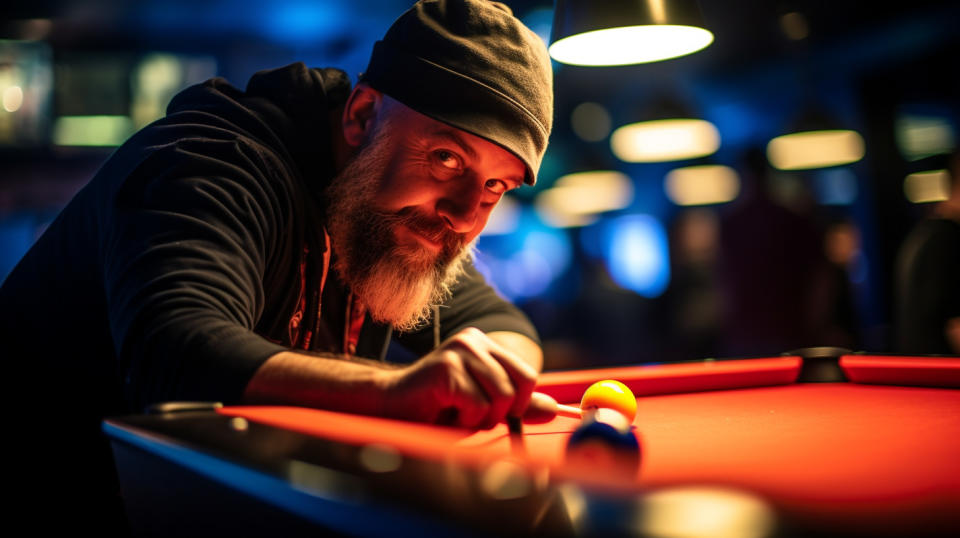 A customer enjoying a game of pool on a tournament-style pool table at a Gaming Terminal establishment.