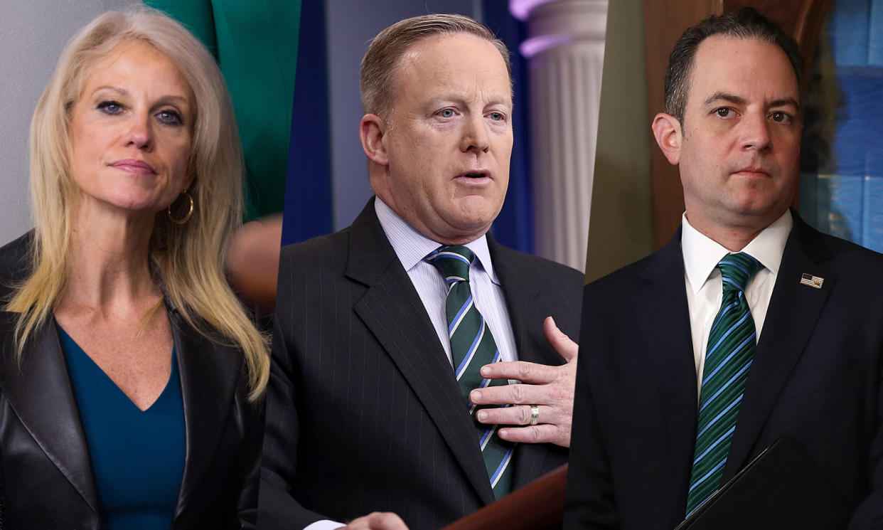 Kellyanne Conway, Sean Spicer and Reince Priebus. (Photos: Cheriss May, Win McNamee (2) /Getty Images)