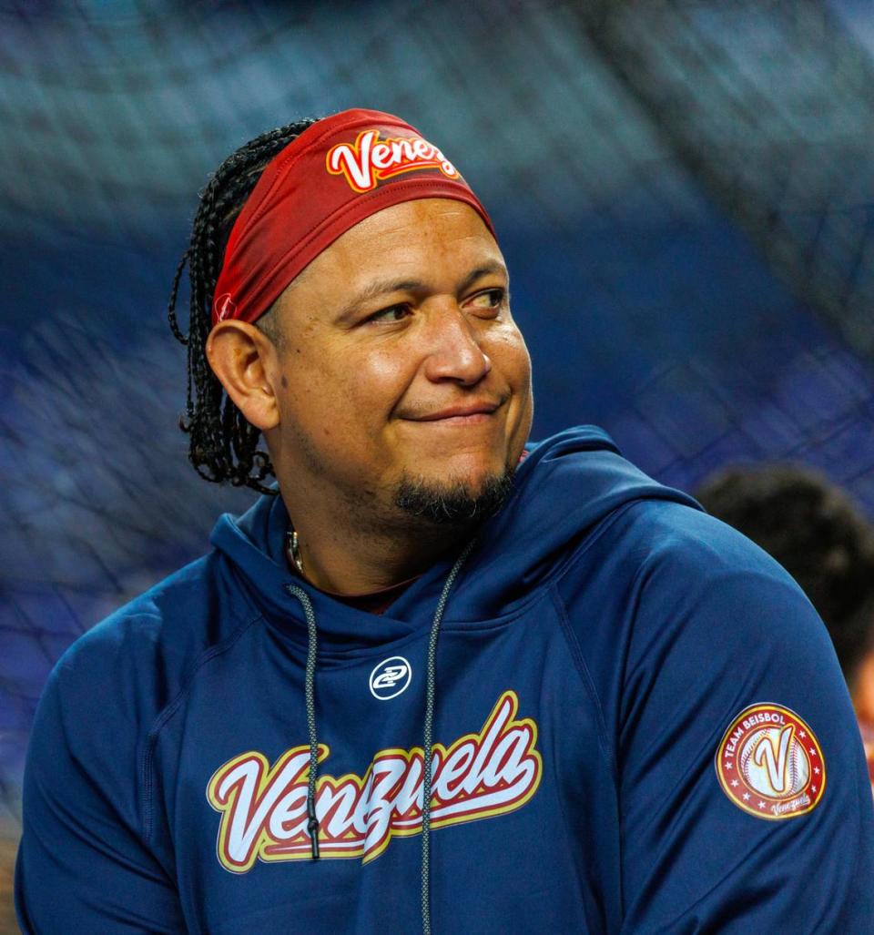 Venezuela designated hitter Miguel Cabrera (24) looks on before the start of Pool D game at the World Baseball Classic against Israel at loanDepot Park on Wednesday, March 15, 2023, in Miami, Fla.