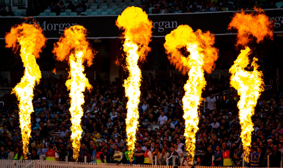 <p>General view pyrotechnics going off during The Hundred match at Lord's, London. Picture date: Sunday August 1, 2021.</p>
