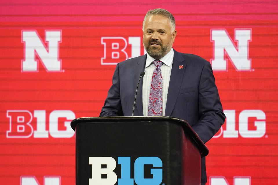 Nebraska head coach Matt Rhule speaks during an NCAA college football news conference at the Big Ten Conference media days at Lucas Oil Stadium, Thursday, July 27, 2023, in Indianapolis. (AP Photo/Darron Cummings)