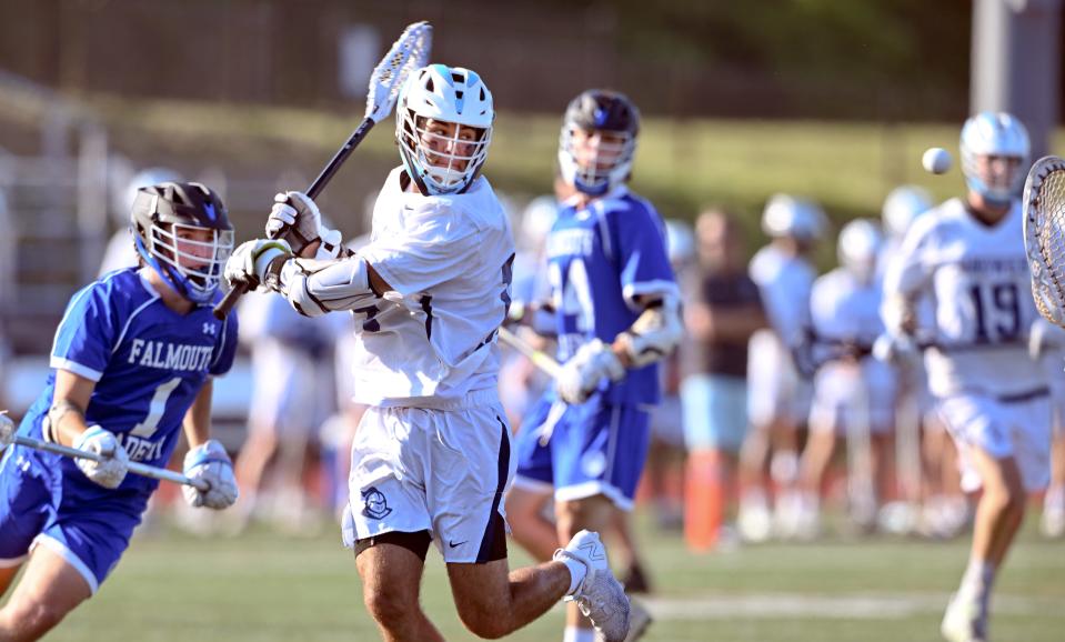 Caleb Richardson of Sandwich passes behind his back with Christian Hanoian of Falmouth Academy pressuring