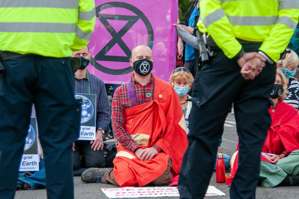 Activists from Extinction Rebellion gather at London's Parliament Square, UK on 1 September 2020. (Photo by Robin Pope/NurPhoto via Getty Images)