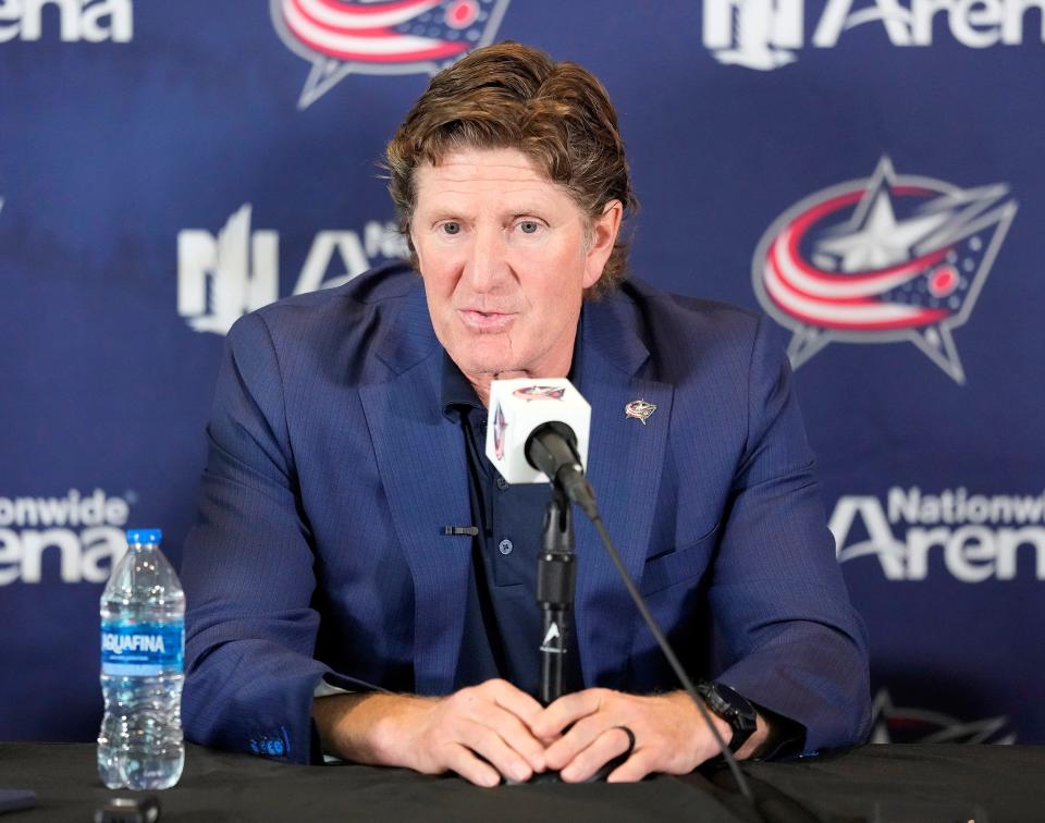 Jul 1, 2023; Columbus, Ohio, United States; Columbus Blue Jackets name Mike Babcock as their new head coach during a press conference at Nationwide Arena. Mandatory Credit: Kyle Robertson-The Columbus Dispatch