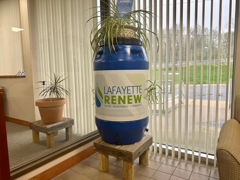 A Lafayette Renew rain barrel sits as an example inside the Lafayette Renew offices, located at 1700 Wabash Ave.