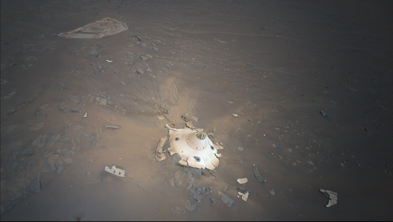 A view of Perseverance's backshell and parachute on Mars.