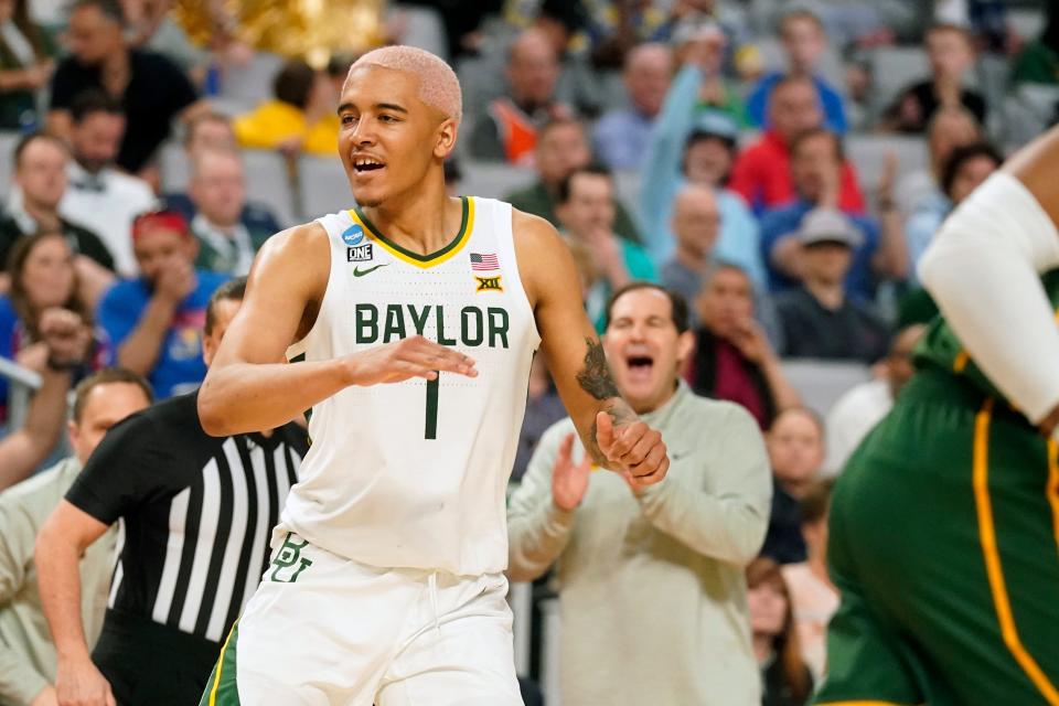 Baylor forward Jeremy Sochan (1) reacts after scoring during the second half of a college basketball game Norfolk State in the first round of the NCAA tournament in Fort Worth, Texas, Thursday, March 17, 2022. (AP Photo/LM Otero)