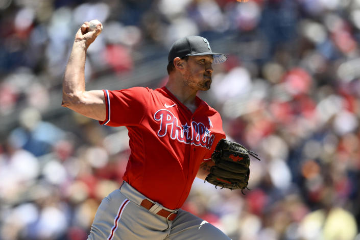 Philadelphia Phillies relief pitcher Andrew Bellatti throws during the third inning of a baseball game against the Washington Nationals, Sunday, June 19, 2022, in Washington. (AP Photo/Nick Wass)