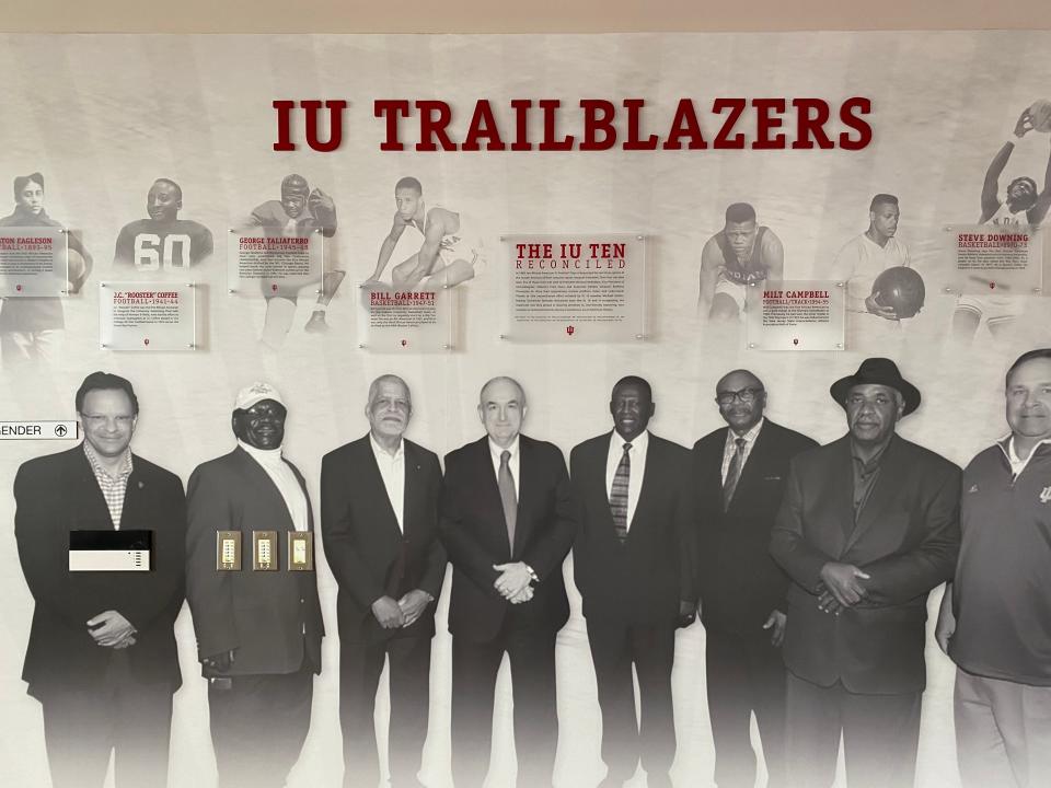 IU Trailblazers mural inside Memorial Stadium's North End Zone. Donald Silas is second from left.
