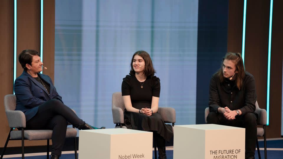 At a Nobel event in Gothenburg, Sweden, in December, Dream Orchestra members Azra Avci (center) and Tymofii Slakva (right) share the stage with University of Gothenburg Associate Professor of Political Science Andrea Spehar. - Courtesy Anna Svanberg/Nobel Prize Outreach