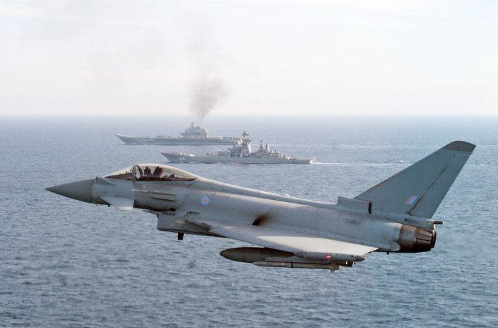 An RAF Typhoon shadows Russian navy vessels as they pass through the English Channel (MoD)