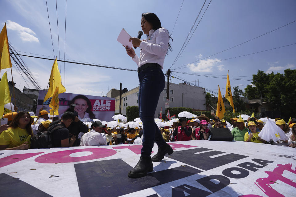 Alejandra del Moral, who is running for Mexico state governor with the PRI-PAN-PRD coalition, campaigns in Nezahualcoyotl, Mexico, Saturday, May 27, 2023. Voters in Mexico state go to the polls on June 4 to elect a new governor.(AP Photo/Marco Ugarte)