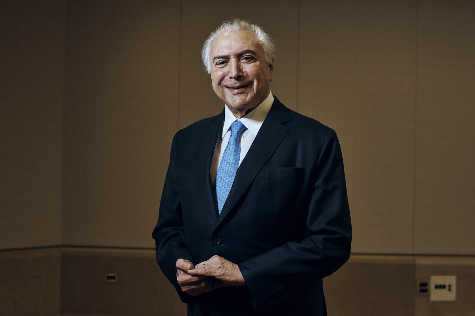 FILE - In this Sept. 24, 2018 file photo, Brazil's President Michel Temer poses for a portrait at Four Seasons Hotel during the 73rd session of the United Nations General Assembly, in New York. Brazil's federal police is recommending on Tuesday, Oct. 16, that in a new case, President Temer be put on trial for corruption, money laundering and criminal association. (AP Photo/Andres Kudacki, File)