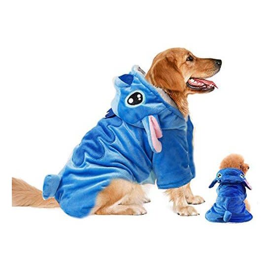 Two dogs wearing Gimilife Disney Stitch Costumes on a white background