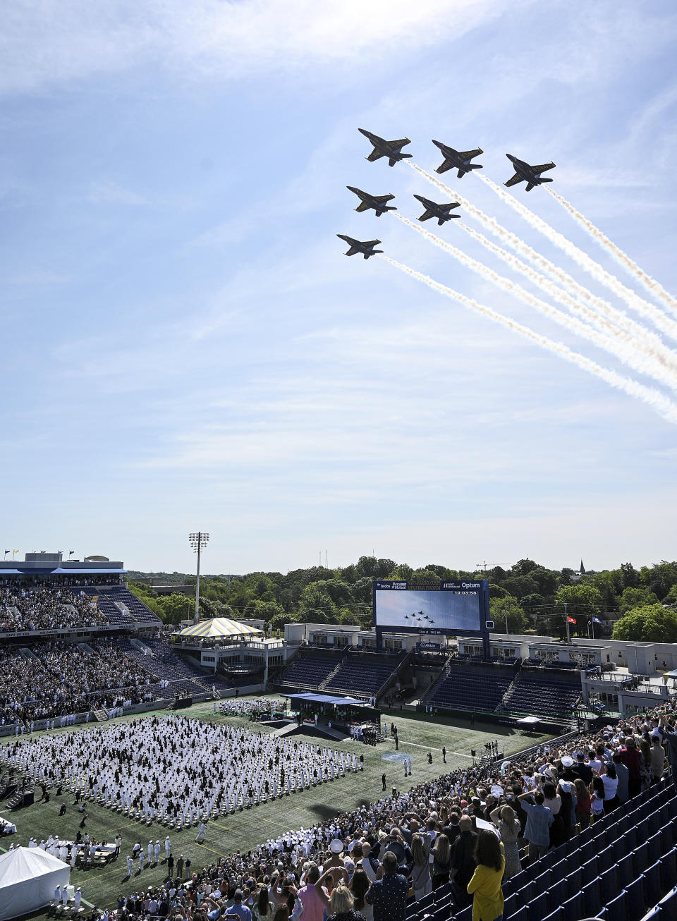 The Blue Angels flyover Navy-Marine Corps Memorial Stadium during the U.S. Naval Academy's graduation and commissioning ceremony at the Navy-Marine Corps Memorial Stadium on Friday, May 26, 2023 in Annapolis, Md. (Paul W. Gillespie/The Baltimore Sun via AP)