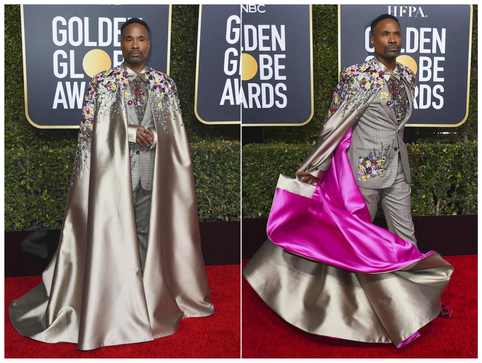 This combination photo shows actor Billy Porter arriving at the 76th annual Golden Globe Awards in Beverly Hills, Calif. on Jan. 6, 2019, wearing an embroidered suit and a matching cape with a pink lining. (Photo by Jordan Strauss/Invision/AP)