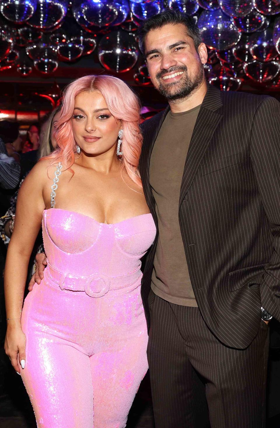 <p>Jerritt Clark/Getty</p> Bebe Rexha and Keyan Safyari in April 2023