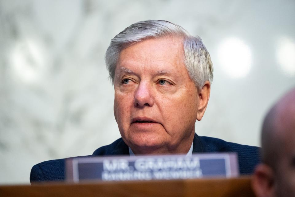 Sen. Lindsey Graham (R-S.C.) sits before Attorney General Merrick Garland testifies in front of the Senate Judiciary Committee on March 1, 2023 in Washington.