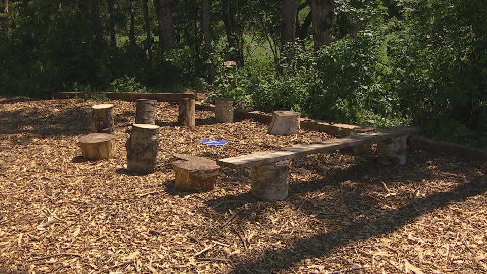 The new outdoor classroom includes some of the trees that were destroyed by Fiona, turned into benches and stumps for seats. 