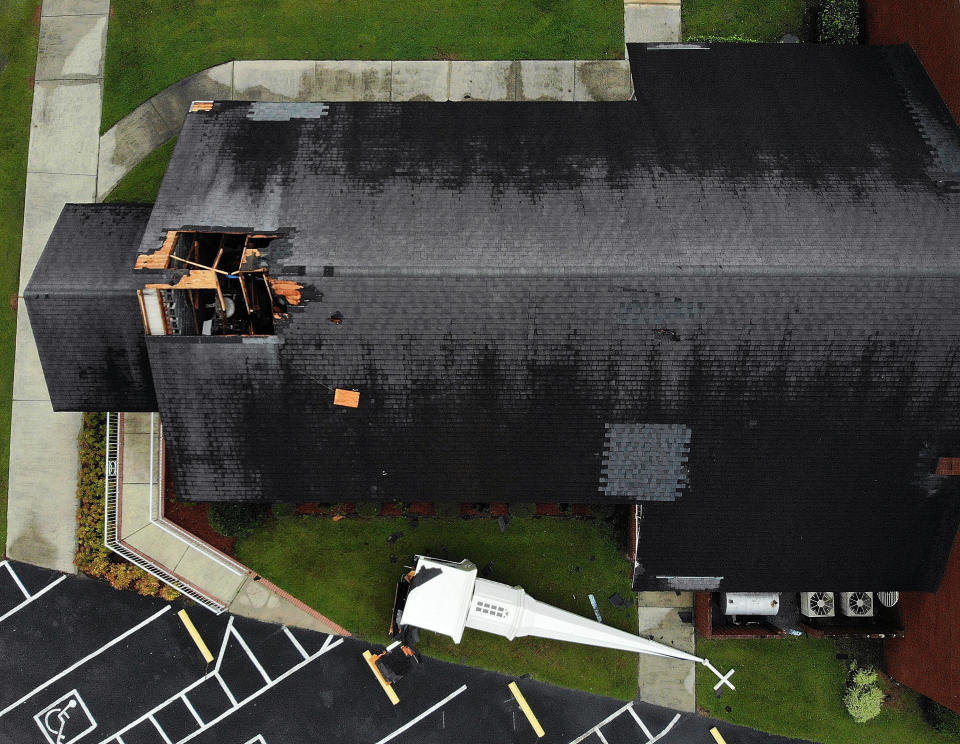 A steeple lies next to the Elah Baptist Church after being blown off by the strong winds of Hurricane Florence in Leland, North Carolina.&nbsp;