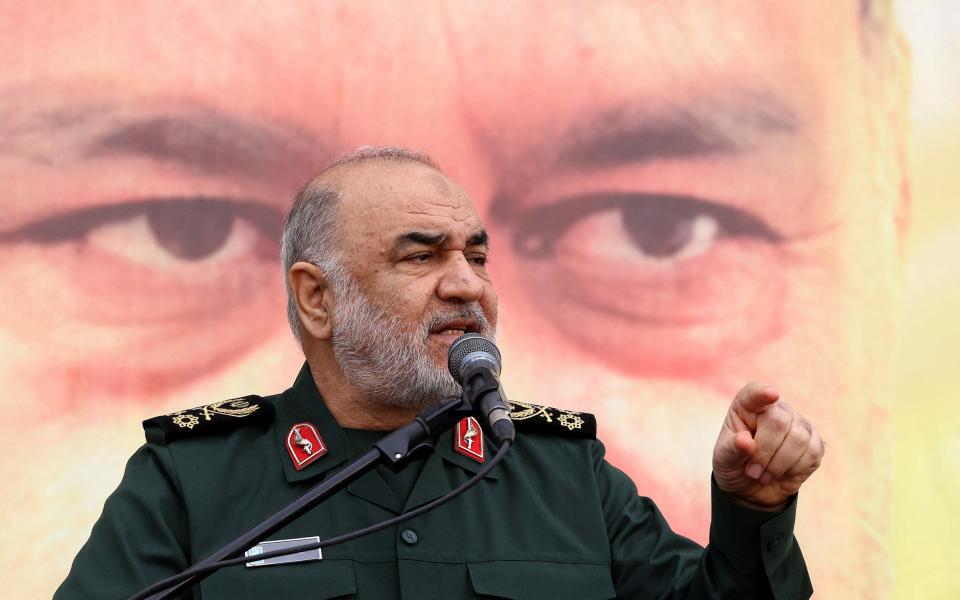 Hossein Salami delivers a speech during the funeral