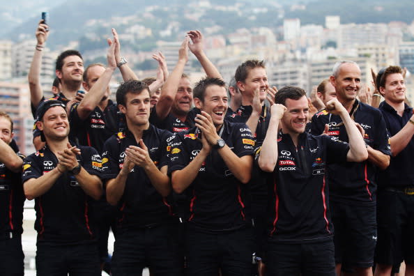 Team mates applaud race winner Mark Webber of Australia and Red Bull Racing at the swimming pool on the Red Bull Energy Station after winning the Monaco Formula One Grand Prix at the Circuit de Monaco on May 27, 2012 in Monte Carlo, Monaco. (Photo by Mark Thompson/Getty Images)