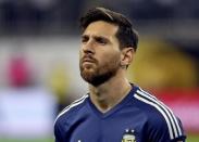 Jun 21, 2016; Houston, TX, USA; Argentina midfielder Lionel Messi (10) stands for the national anthem before the match against the United States in the semifinals of the 2016 Copa America Centenario soccer tournament at NRG Stadium. Mandatory Credit: Kevin Jairaj-USA TODAY Sports