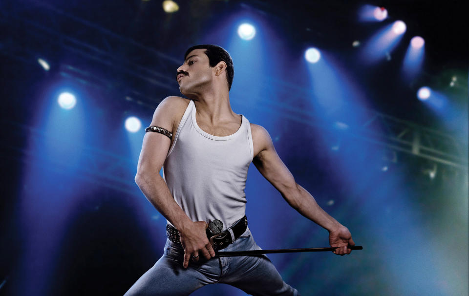 Malek onstage as Freddie Mercury