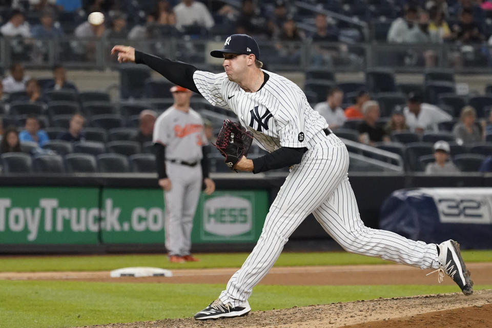 New York Yankees pitcher Brody Koerner delivers in the eighth inning of the team's baseball game against the Baltimore Orioles, Tuesday, Aug. 3, 2021, in New York. (AP Photo/Mary Altaffer)