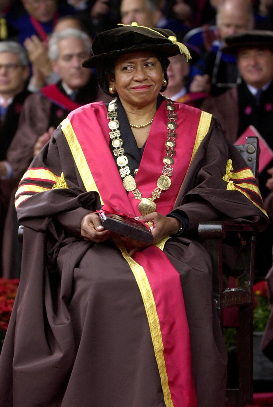 <p>2001 – RUTH J. SIMMONS – EDUCATION – First African-American president of an Ivy League university and the first permanent female president of Brown. — Brown University President Ruth J. Simmons is presented with the School Charter, the Chain of Command, and the Manning Chair during her inauguration at Brown University in Providence, R.I., Sunday, Oct. 14, 2001. (AP Photo/Edward Stapel) </p>