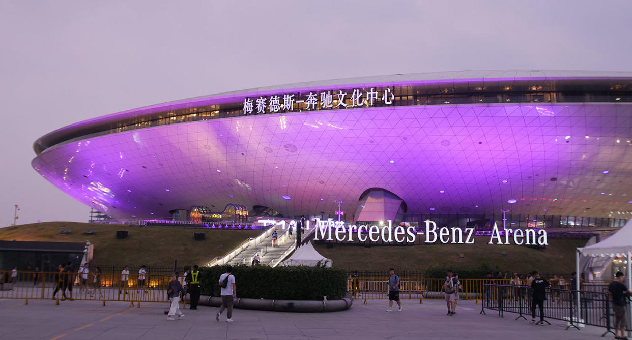The Mercedes-Benz Arena in Shanghai, China, lit up for The International Dota 2 Championships 2019. (Photo: Yahoo Esports SEA)