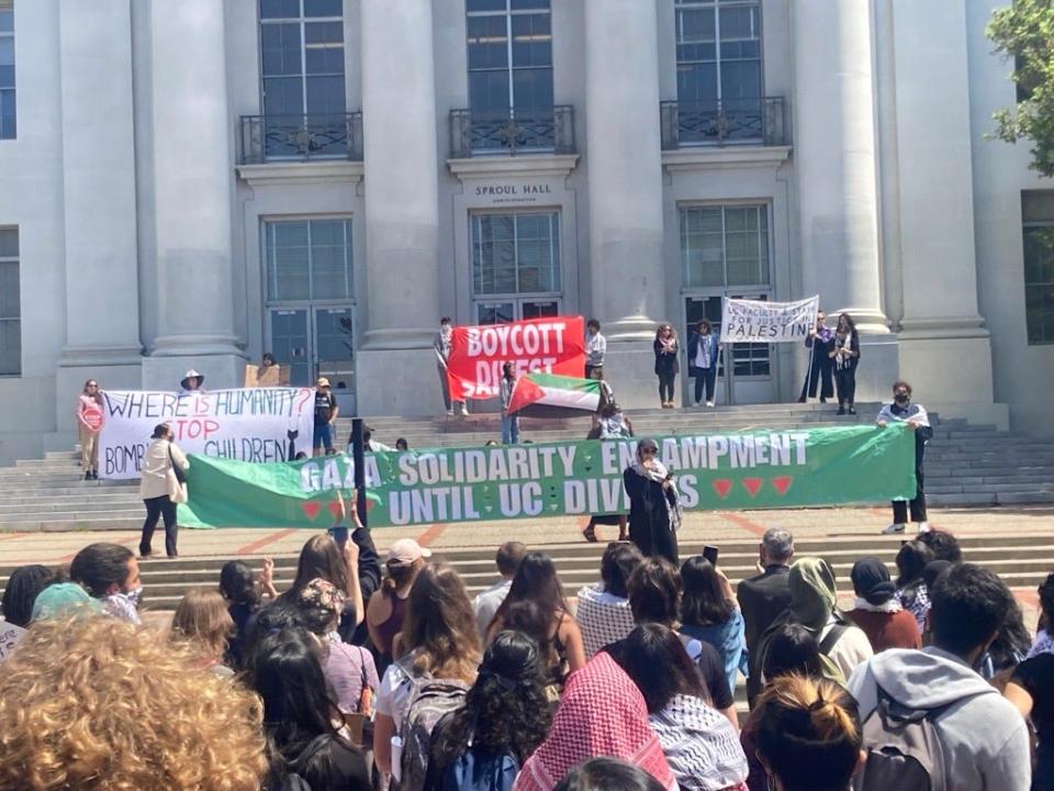 Students who have set up an encampment on the steps of Sproul Hall at UC Berkeley say they will remain there until the university's administration meets their demands.