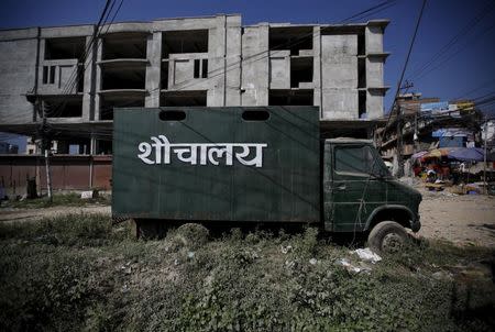 A mobile toilet is parked on a road in Kathmandu, Nepal October 9, 2015. REUTERS/Navesh Chitrakar