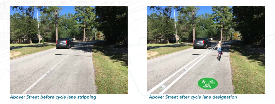 A screenshot from the city’s “Envison Diamondhead 2040” plan shows the before and after renderings for the new bike, pedestrian and golf cart lane on Diamondhead Drive.