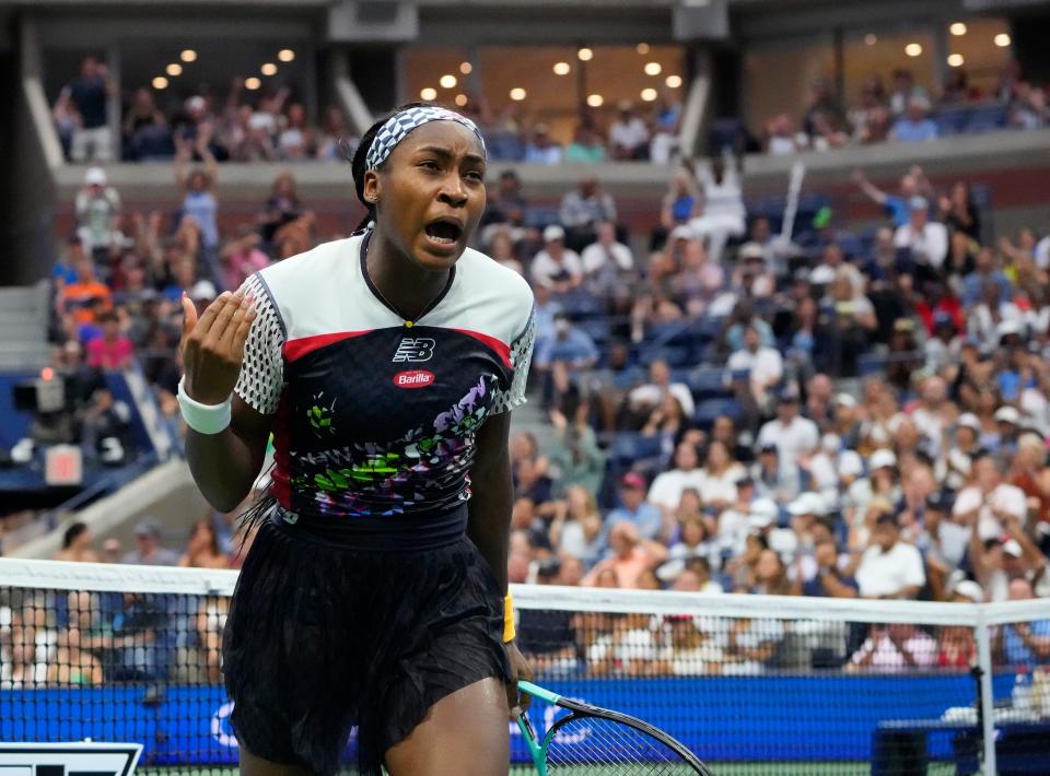 Coco Gauff reacts after winning a point during her fourth-round match against Shuai Zhang at the U.S. Open.