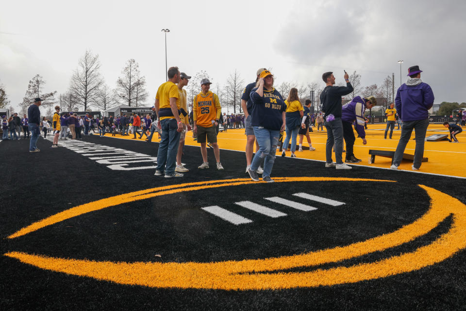 HOUSTON, TX - JANUARY 08: the CFB logo is displayed on a fan field before the College Football Playoffs National Championship game Michigan Wolverines and Washington Huskies on January 8, 2024, at NRG Stadium in Houston, Texas. (Photo by David Buono/Icon Sportswire via Getty Images)