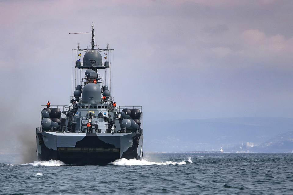 This handout photo released on Wednesday, April 14, 2021 by Russian Defense Ministry Press Service shows, A Russian navy ship is seen during navy drills in the Black Sea. Russia has insisted that it has the right to close areas of the Black Sea for foreign naval ships and rejected Ukrainian and Western criticism of the move. (Russian Defense Ministry Press Service via AP)