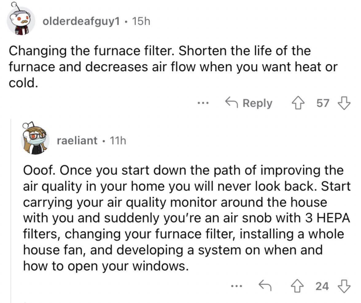 Reddit screenshot about the value of changing your furnace filter.