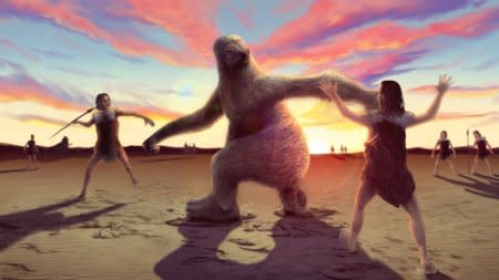 This undated handout illustration shows how human hunters stalked giant ground sloth to distract them before trying to land a killing blow. Supplied by Bournemouth University, Britain, April 25, 2018. Alex McCelland/Bournemouth University/Handout via REUTERS