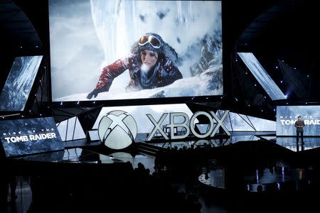 Game director Brian Horton introduces the "Rise of the Tomb Raider" video game during game publisher Microsoft's Xbox media briefing June 15, 2015. REUTERS/Lucy Nicholson
