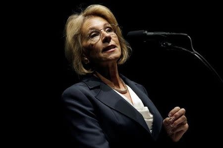 U.S. President-elect Donald Trump's choice for U.S. Education Secretary Betsy DeVos speaks at a "Thank You USA" tour rally in Grand Rapids, Michigan, U.S. December 9, 2016. REUTERS/Mike Segar