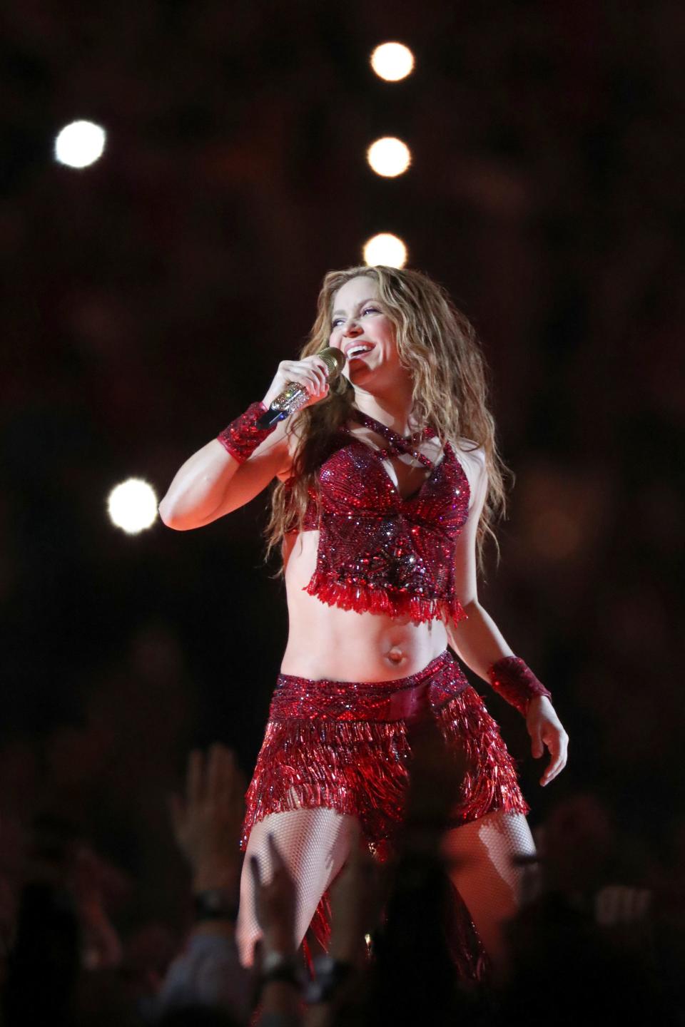 Shakira performs during the halftime show at Super Bowl 54 on Feb. 2, 2020, in Miami Gardens, Fla. (AP Photo/Gregory Payan) ORG XMIT: NYOTK