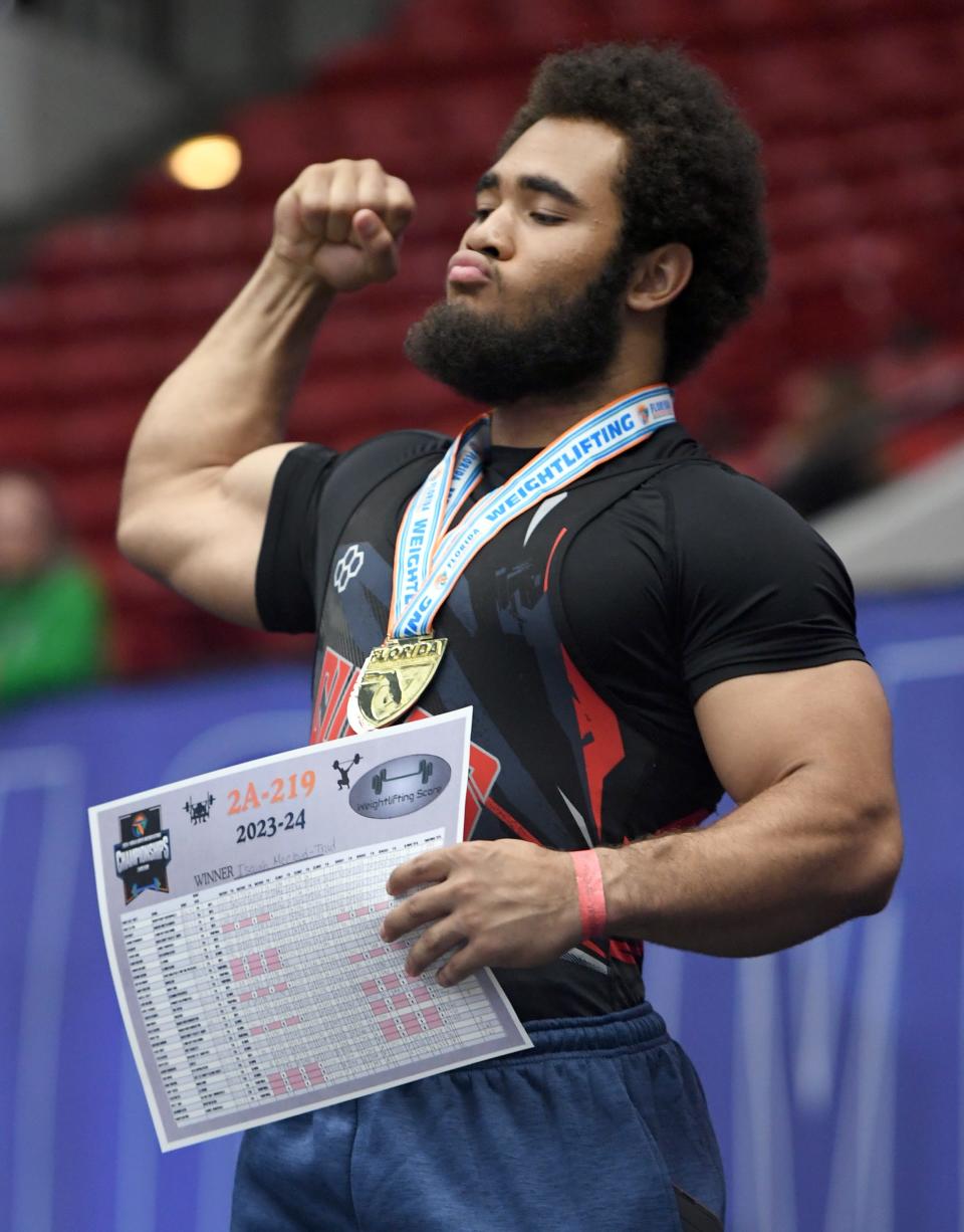 Isaiah McCloud of New Smyrna Beach won the State Championship in Class 2A traditional (219) during the FHSAA Boys Weightlifting State Championships at the RP Funding Center in Lakeland, Florida on Saturday April 20, 2024.