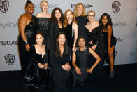 <p>The likes of activisits Tarana Burke, Saru Jayaraman and Ai-jen Poo posed alongside Natalie Portman et. al for a photograph which is sure to go down in history. <em>[Photo: Getty]</em> </p>