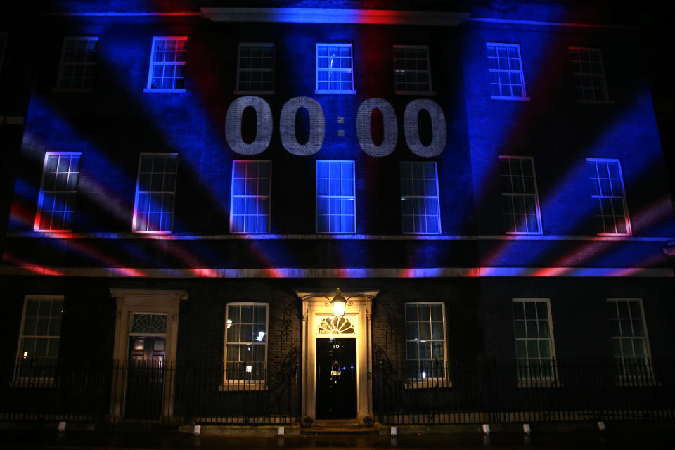 LONDON, ENGLAND - JANUARY 31: The Brexit countdown clock is projected onto Number 10 Downing Street on January 31, 2020 in London, United Kingdom. At 11.00pm on Friday 31st January the UK and Northern Ireland will exit the European Union, 188 weeks after the referendum on June 23rd, 2016. (Photo by Hollie Adams/Getty Images)