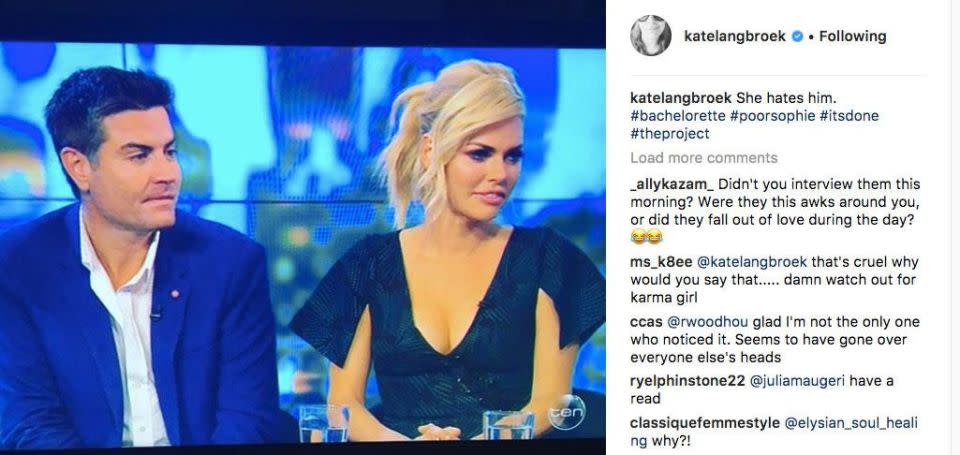 Meanwhile Australian radio host Kate Langbroek does not believe that Bachelorette Sophie Monk and Stu Laundy are still together. Source: Instagram