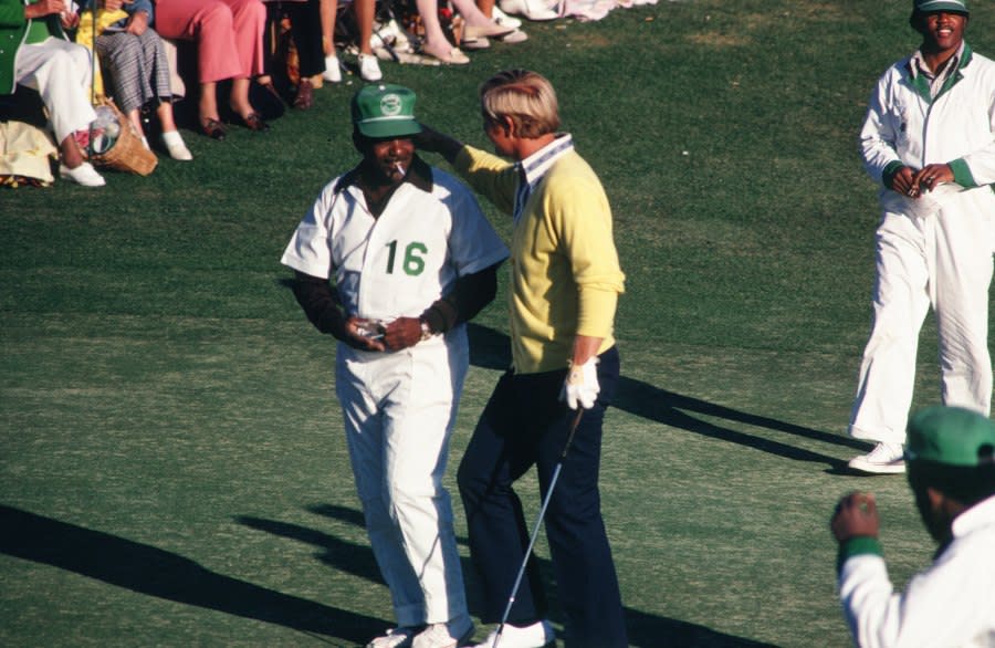 AUGUSTA, GA – APRIL 1973: Jack Nicklaus regards his caddie during the 1973 Masters Tournament at Augusta National Golf Club on April 1973 in Augusta, Georgia. (Photo by Augusta National/Getty Images)