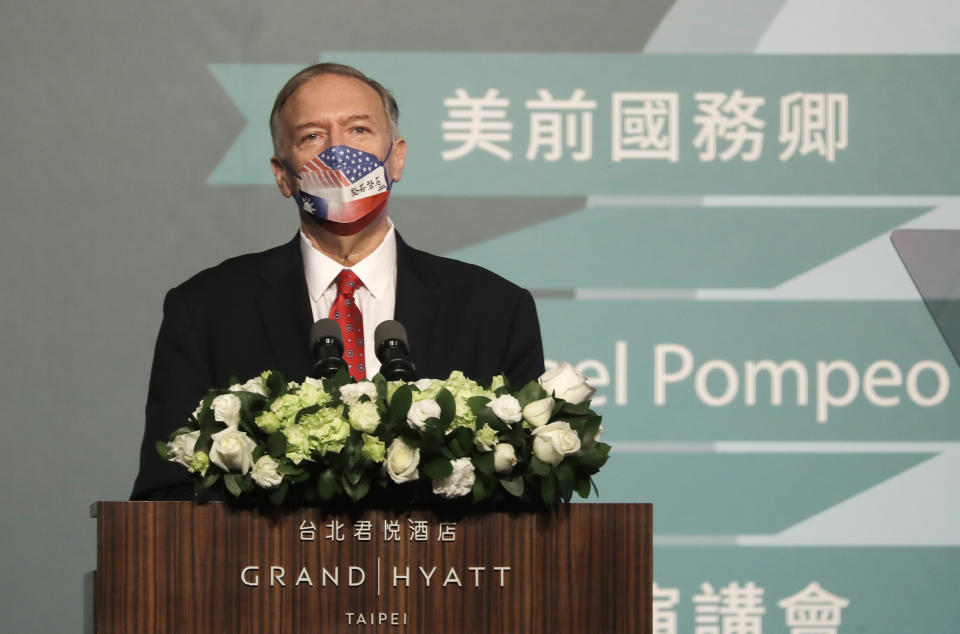 Former U.S. Secretary of State Mike Pompeo delivers a speech during his four-day trip to Taiwan in Taipei, Taiwan, Friday, March 4, 2022. (AP Photo/Chiang Ying-ying)