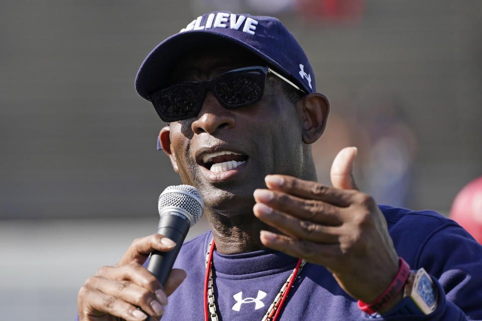Jackson State football coach Deion Sanders speaks to the fans prior to the Jackson State's Blue and White Spring football game, an NCAA college football contest, Sunday, April 24, 2022, in Jackson, Miss. (AP Photo/Rogelio V. Solis)
