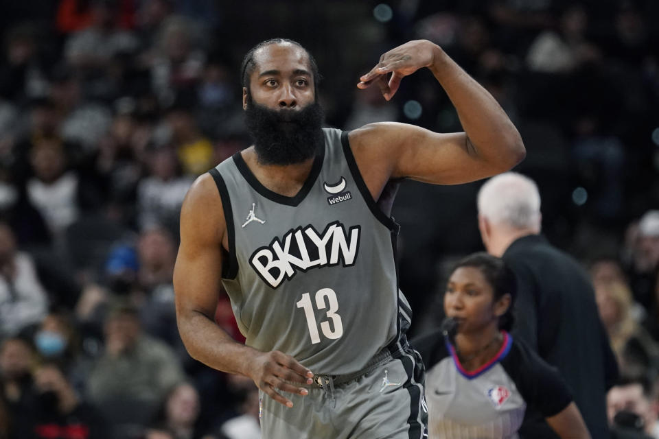 Brooklyn Nets guard James Harden reacts after scoring against the San Antonio Spurs during the second half of an NBA basketball game Friday, Jan. 21, 2022, in San Antonio. (AP Photo/Eric Gay)